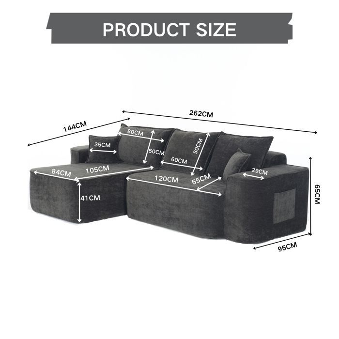 Canapé d’angle modulable XXL 264 cm, canapé nuage sans montage, tissu chenille noir, assise profonde, convertible salon