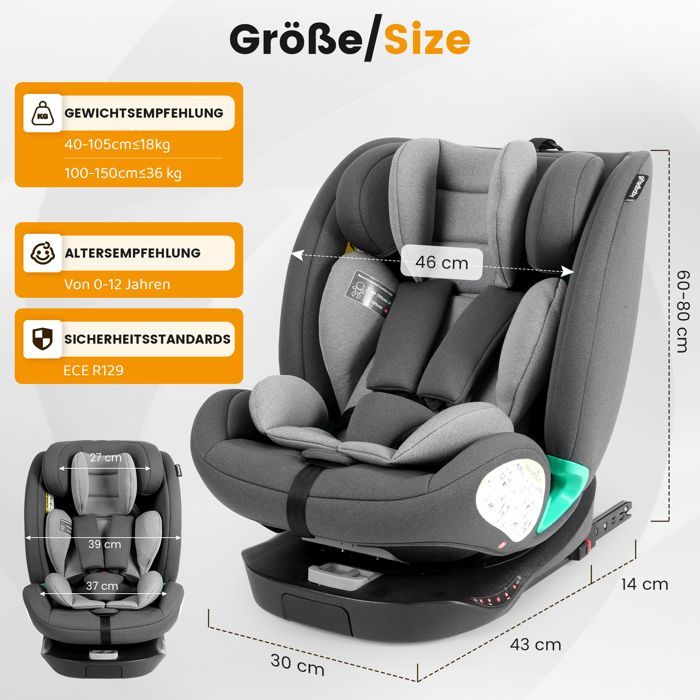 Seggiolino auto girevole a 360° i-Size - Interfaccia ISOFIX - 40-150 cm da 0 a 12 anni (0-36 kg) - ECE R129 - Grigio