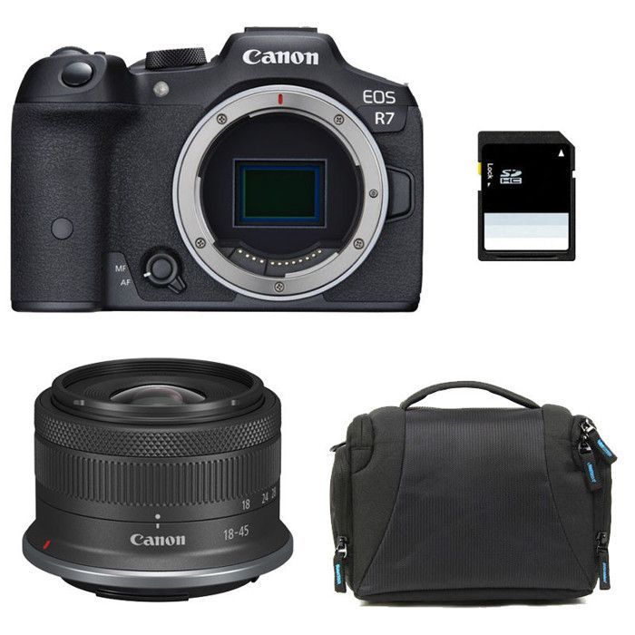 Canon EOS R7 hybridkamera + RF-S 18-45mm f/4.5-6.3 IS STM objektiv + taske + 8GB SD-kort