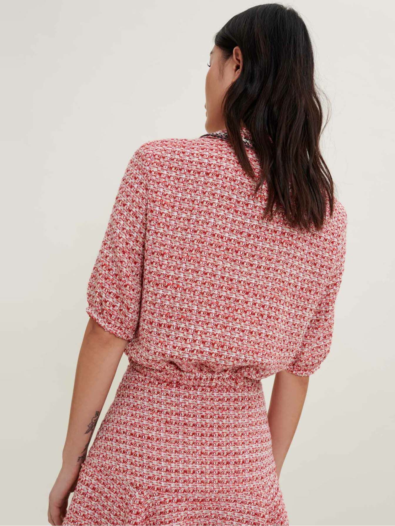 Top scurt din tweed cu dungi etnice - Roz/roșu