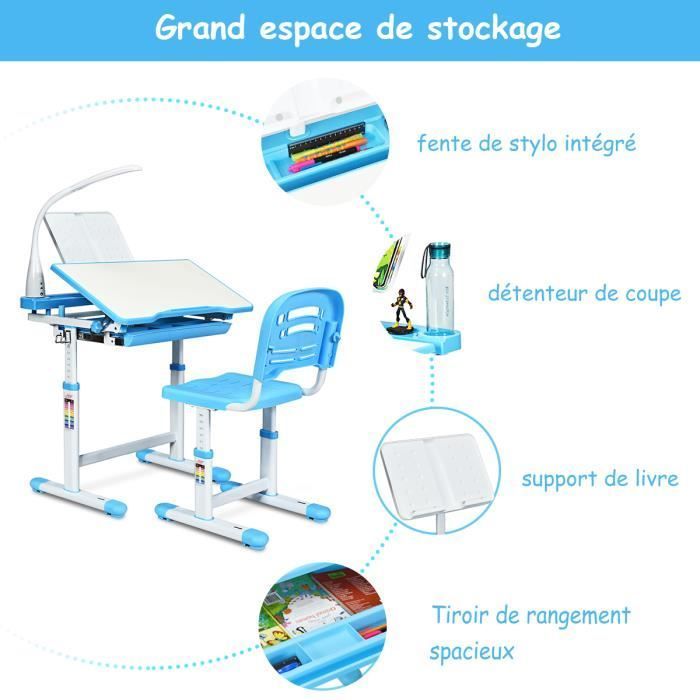 COSTWAY Ensemble Bureau et Chaise avec Lampe Enfants Inclinable 0-40° Hateur Réglable et Table à Dessin avec 1 Tiroir Bleu