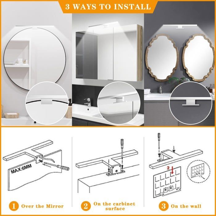 Lámpara de pared LED para espejo de baño de 6W y 600 lúmenes, 30 cm, luz blanca fría 6000K, IP44 resistente al agua.