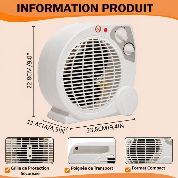 Calefactor auxiliar de 2000 W, calefactor con ventilador de 2 velocidades (1000/2000 W), protección contra sobrecalentamiento y vuelco.