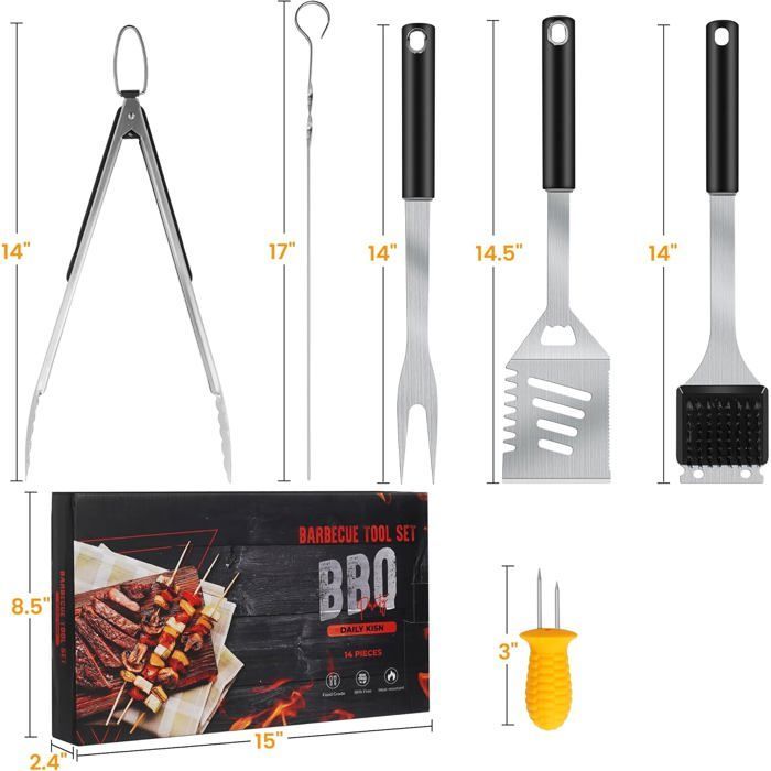 Acessórios para churrasco em aço inoxidável com espátula, garfo, pinça para churrasco, espeto, suporte de silicone para milho, caixa para presente