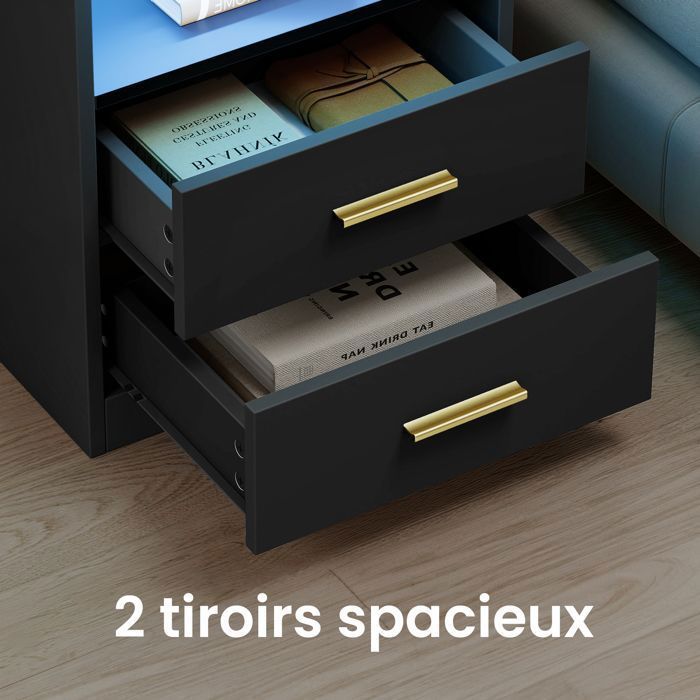 Conjunto de 2 mesas laterais modernas com gavetas, luzes LED, tomadas e portas USB, para quarto, pretas.