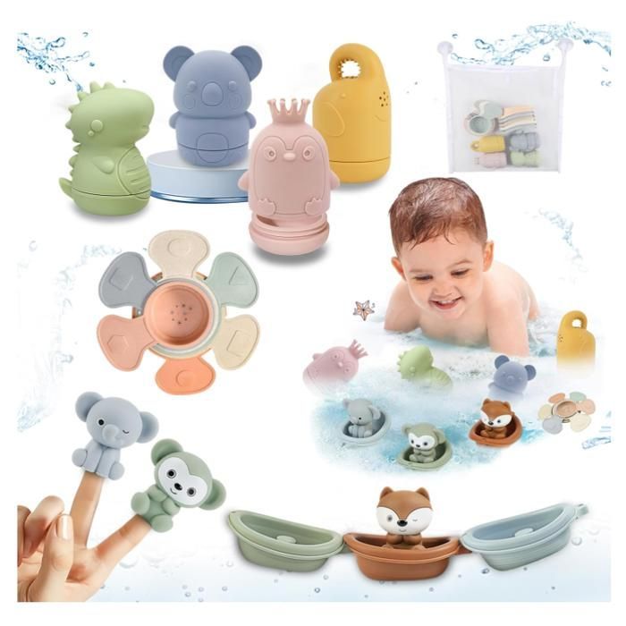 Juguetes de baño para bebés, juego de 16 juguetes de silicona que lanzan agua, juegos de baño de animales para bebés, juguetes para la playa o exteriores, juguetes