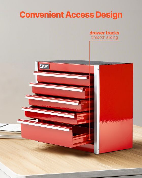 Caja de herramientas metálica VEVOR - 218 mm - Caja de herramientas portátil de acero con 5 cajones, cofre de herramientas pequeño - Rojo