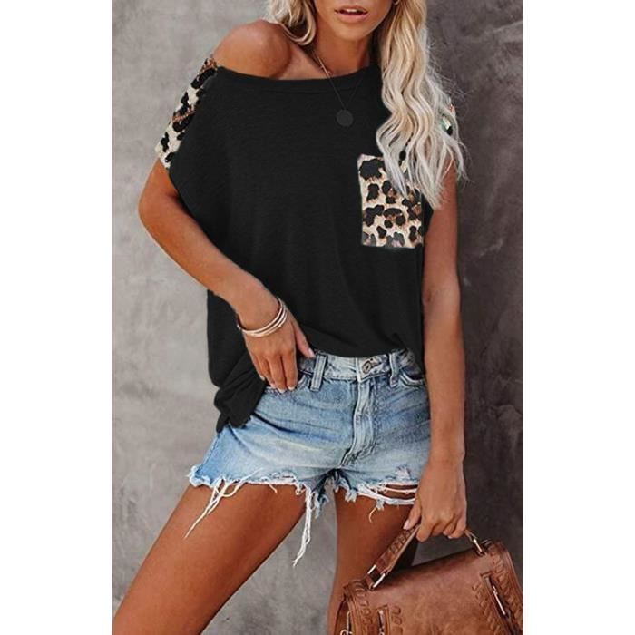 Camiseta de mujer - FONDUPIN - Cuello redondo - Hombros descubiertos - Estampado de leopardo - Negra