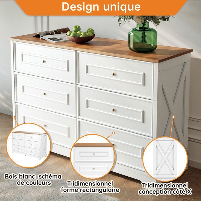 ELVMI Buffet and Sideboard with 6 Drawers, Large Top - ELVMI - Country Style for Living Room/Hallway, White and Natural MDF, 120×40×76 cm