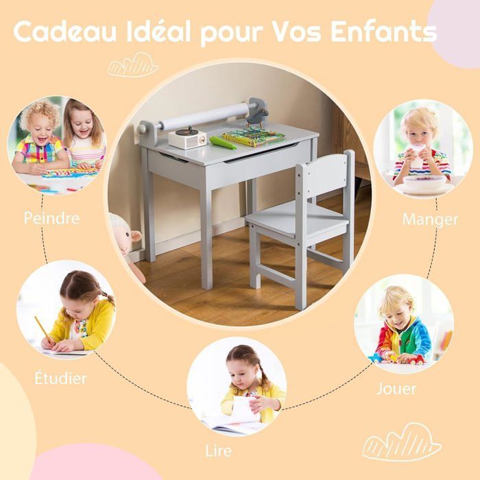 COSTWAY Bureau pour Enfants avec Chaise, Rouleau de Papier, Plateau Rabattable (Rangement Caché)en Bois pour 3+ Ans, Gris