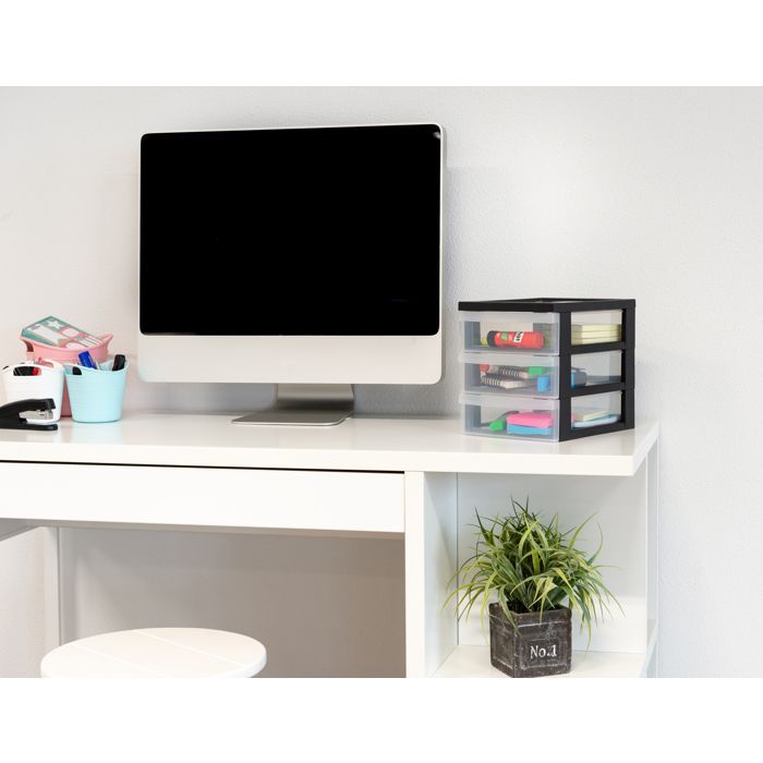 Iris Ohyama, A5 Plastic Desk Storage Tower, 3 Small Drawers, Black, DC-A5
