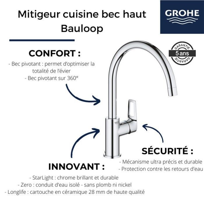 Fregadero Villeroy & Boch Architectura 50 blanco de un seno, 86 x 51 cm + grifo de cocina Grohe Bauloop