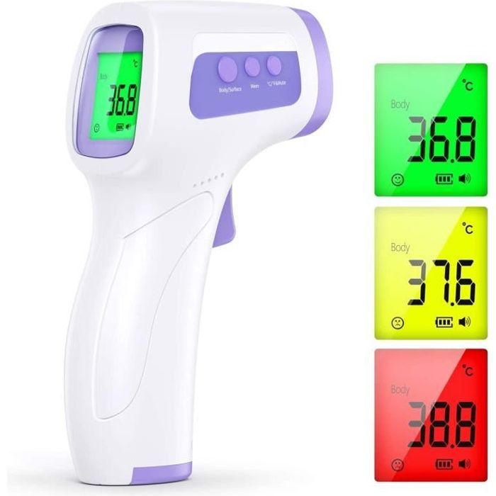 Termómetro digital infrarrojo sin contacto 3 en 1 para la frente: mide superficies, líquidos y la temperatura de bebés y adultos.