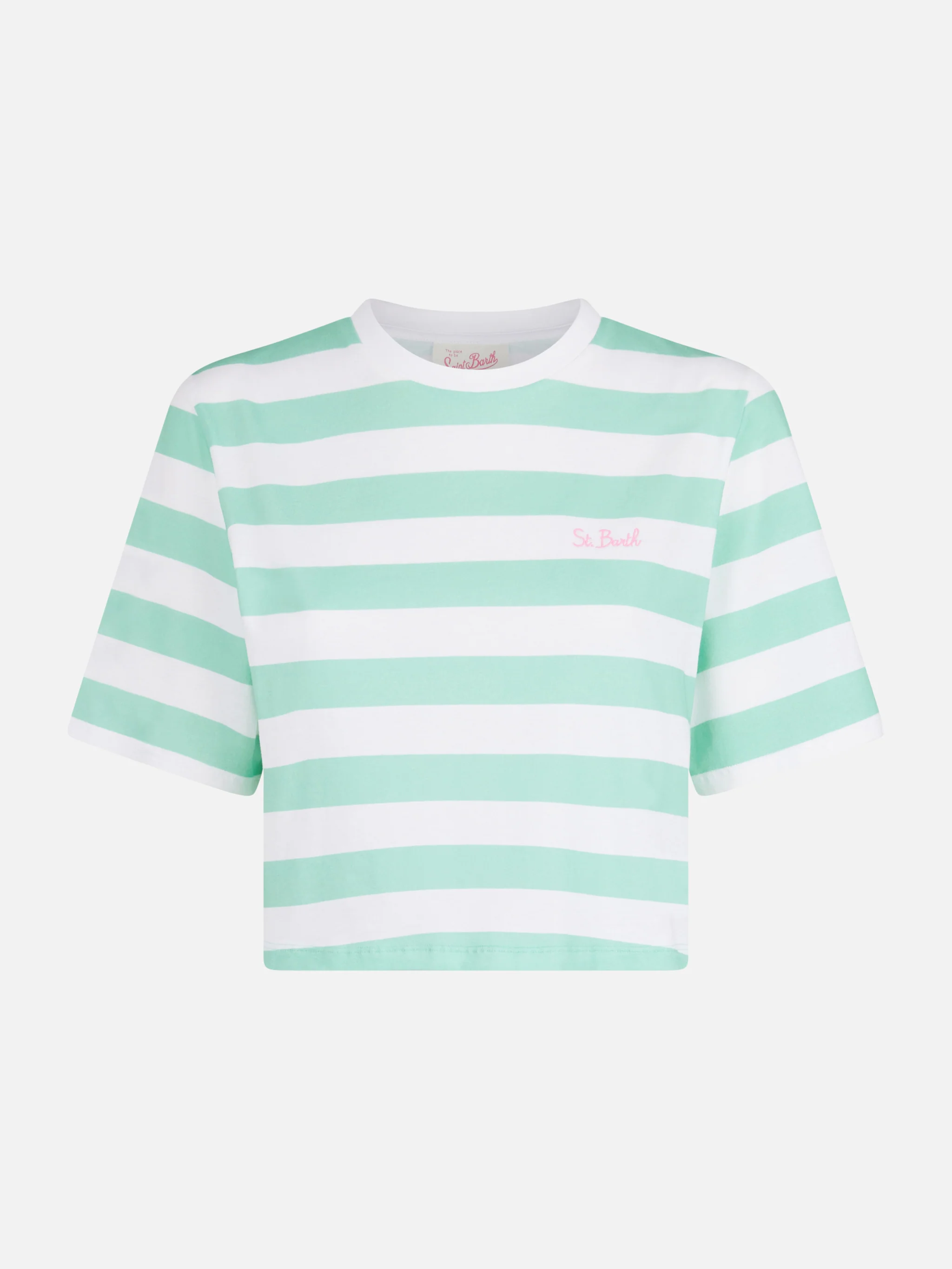 Dames cropped T-shirt met witte en aquamarijnkleurige strepen