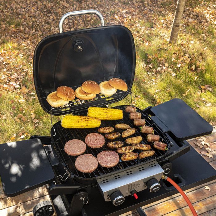 Barbecue Gaz Portable - Royal Gourmet - 2 Brûleurs Puissance 5 kW, Surface Cuisson 48 x 37 cm - avec Tables Latérales
