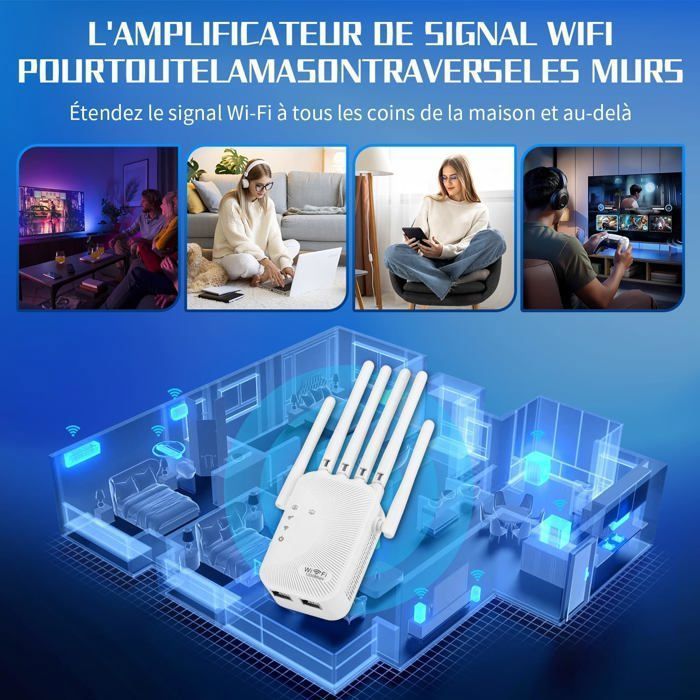 Repeteur Wifi,Amplificateur Wifi,Repeteur Wifi Puissant Avec 6 Antennes Puissantes,Port Ethernet Gigabit,Compatible Avec Les  Label