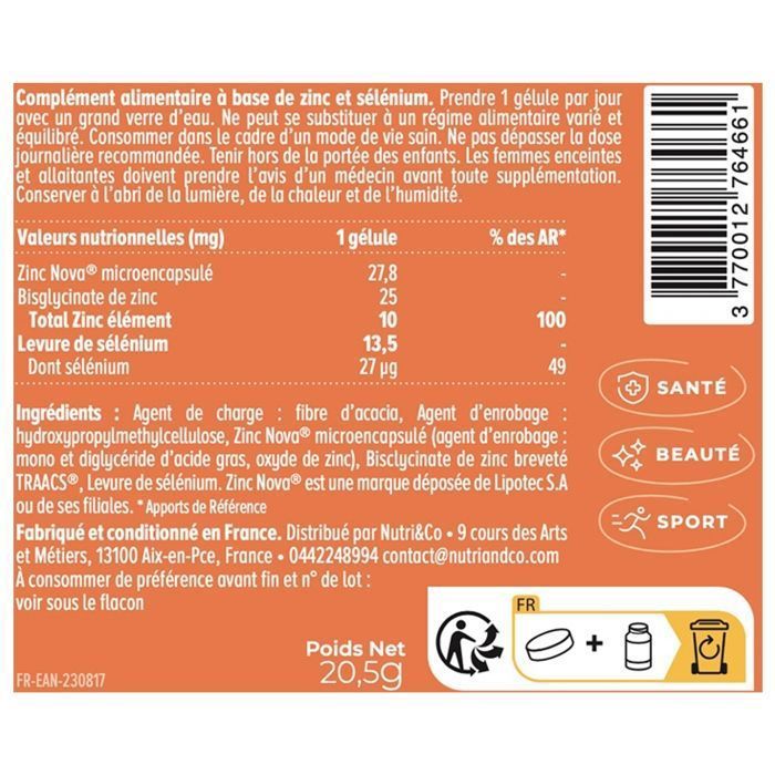 Zinc Bisglycinate et liposomé + Sélénium Bio-Actif - Immunité Peau Cheveux & Fertilité - Haute Absorption - 60 gélules - Nutri&Co