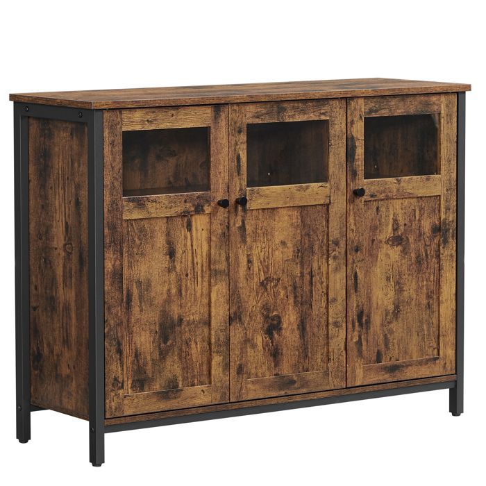 VASAGLE Opbergkast, dressoir, met 3-deurs kast, stalen frame, industriële stijl, rustiek bruin en inktzwart