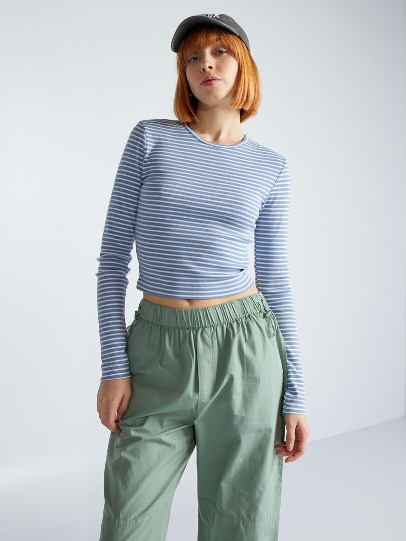 Top cropped canelado listrado - AZUL