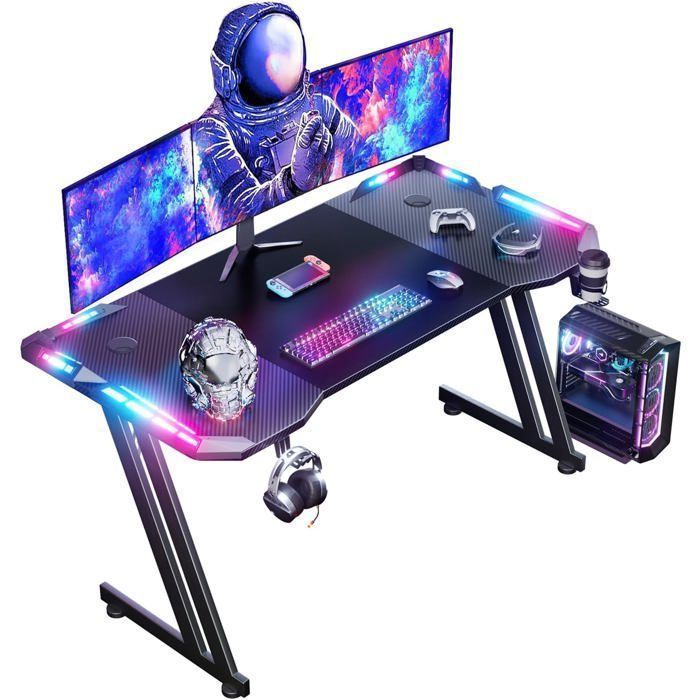 HLONONE 120 x 60cm Bureau Gaming LED, Grande Bureau Gamer, avec Tapis de Souris, Porte-gobelet et Crochet pour Casque,Carbone,Noir