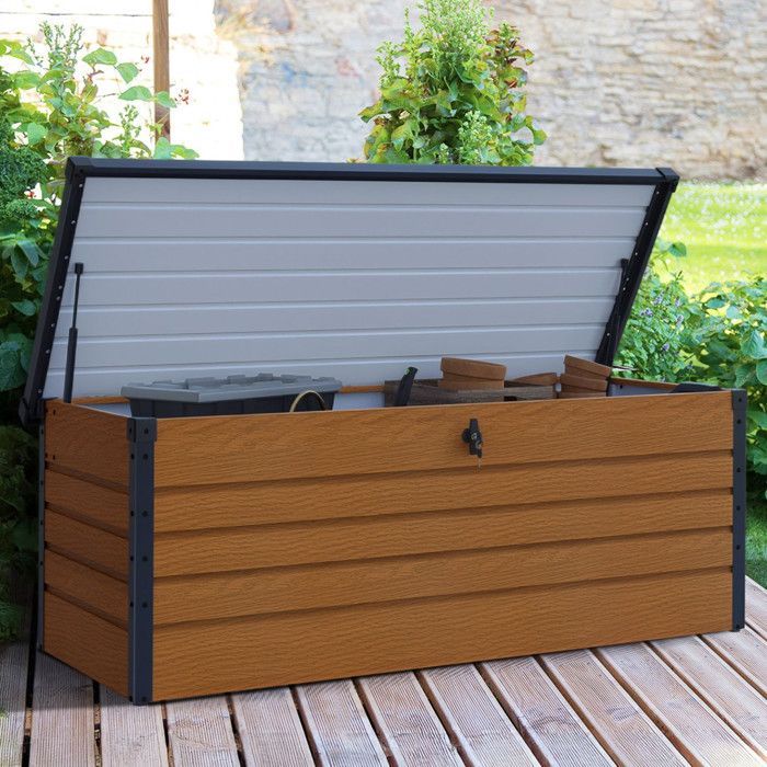 IDMARKET Caja de almacenamiento metálica con cerradura, efecto madera y gris, para jardín, 600 L, 165 x 70 x 63 cm
