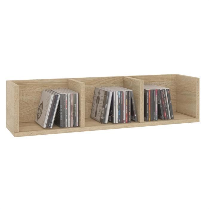 Estantería de pared NELLO, unidad de almacenamiento para CDs y DVDs o elementos decorativos con 3 compartimentos abiertos, en melamina efecto roble Sonoma.
