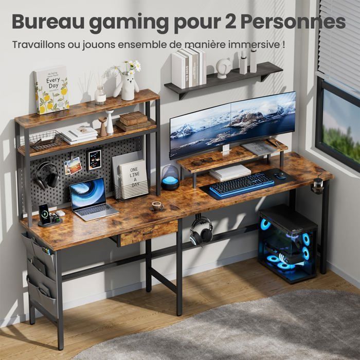 HLONONE , 150 x 100cm Bureau d'angle Gaming en L avec LED, avec Prise Intégrée & Port USB,avec Tiroir, Sac de Rangement, Marron