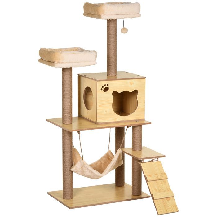 Árbol rascador de diseño para gatos - PawHut - estilo contemporáneo con postes rascadores de sisal, cueva para gatos, plataformas, hamaca y bola - madera - beige