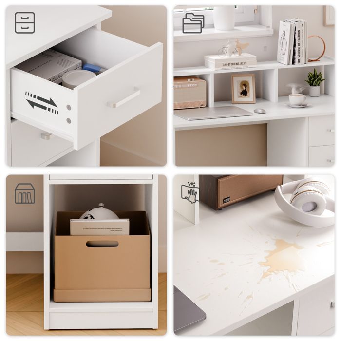 Mondeer Computertisch mit Ablagefächern und 2 Schubladen, 105 x 94 x 48 cm – Weiß