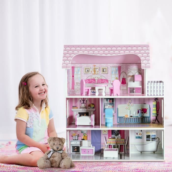 GIANTEX Maison de Poupée en Bois à 3 Étages avec Accessoires, 5Pièces: Cuisine, Chambres, Salle de bain, Salon, Cadeau pour Enfant