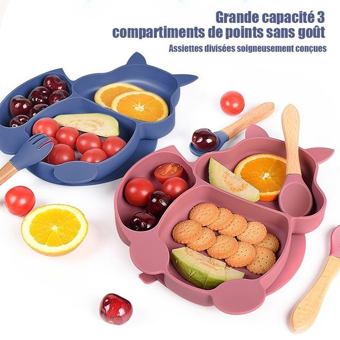Coffret Repas Bébé Silicone sans BPA, Ensemble de assiette pour Bébé Service de table enfants, Rose