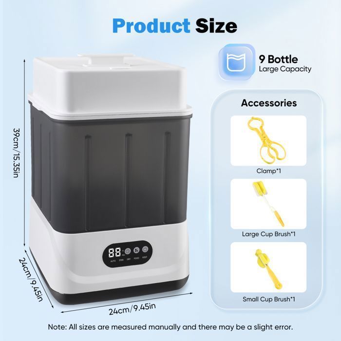 Stérilisateur de biberons avec séchage 360° et conservation 24h, écran LCD intelligent, capacité pour 9 biberons simultanément
