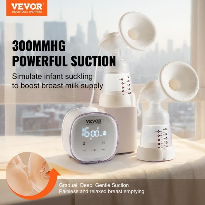 Extractor de leche - VEVOR - 110 x 110 x 74 mm, 4 modos, 16 niveles de succión, 300 mmHg, pantalla LED para viajes, hogar y lactancia materna