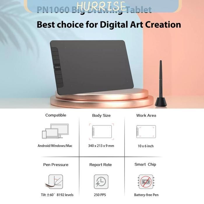 Tavoletta grafica digitale Tbest con 8192 livelli di pressione, funzione di inclinazione, pannello di lavoro e hardware inclusi, colore nero.