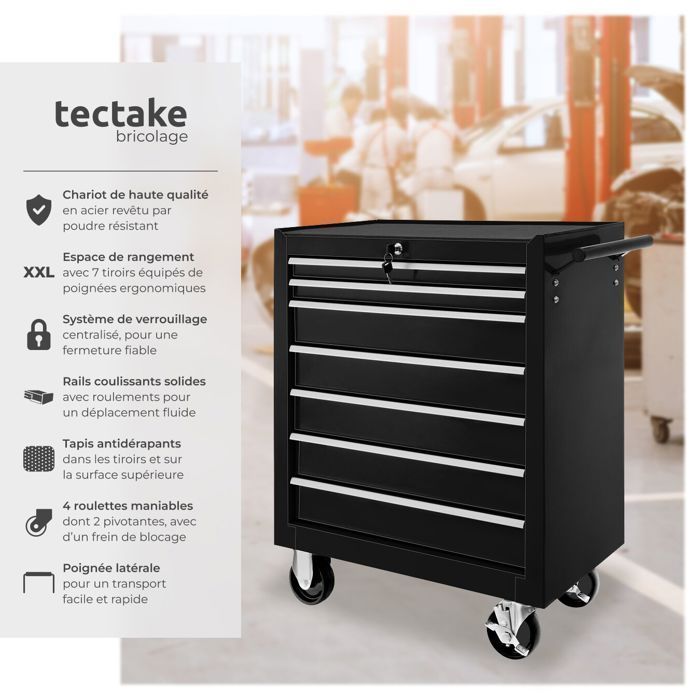 Carro de taller - TECTAKE - Carro de taller de acero con 7 cajones, 69 x 33 x 79 cm - Negro
