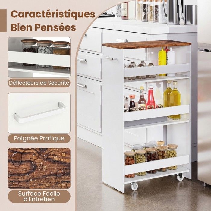 Carrinho de Cozinha Estreito GIANTEX com Rodas e Freios - 47,5x25x80,5cm - Carrinho de Servir com 4 Prateleiras e Alça - Branco + Marrom