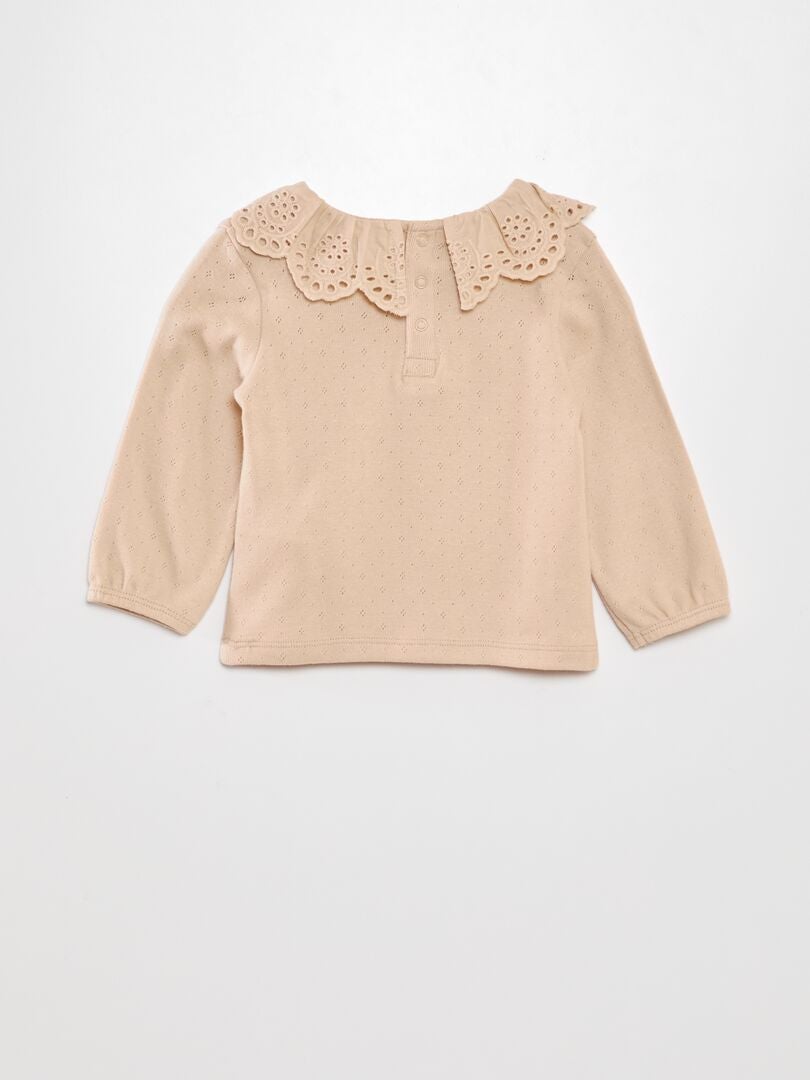 Gebreid T-shirt met pointelle-details - BEIGE