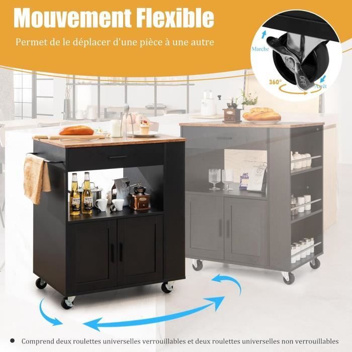 GIANTEX Kitchen Trolley on Wheels, Island Serving Cart 82x50x92cm with Drawer, Cabinet with Door and 3 Side Shelves, Black