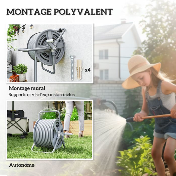 Outsunny hose reel with winding handle, wall or freestanding, 40m storage capacity