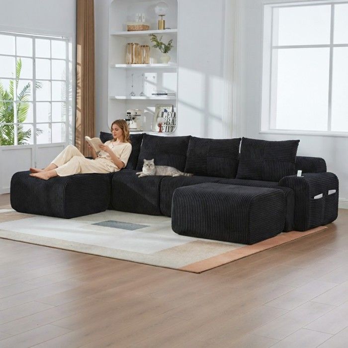 Canapé modulable - LANGTU - 4 places velours côtelé - Noir - 2 poufs - Porte-gobelet & poche latérale