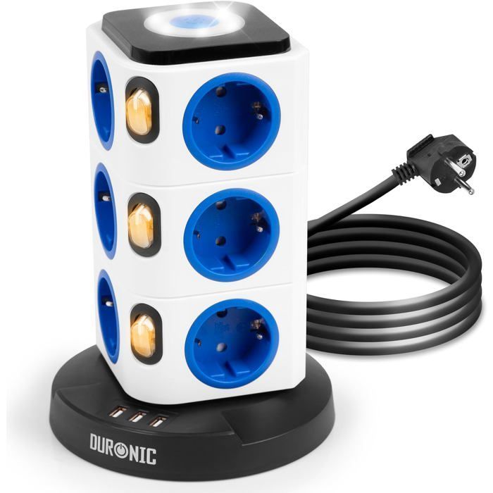 Régua de tomadas Duronic ET12L Tower com 3 portas USB-A | Luz noturna sensível ao toque | 12 tomadas 3680W 13A | Proteção contra surtos