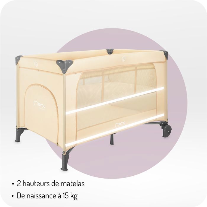 MoMi BELOVE PLUS - Lit parapluie bébé avec matelas, arche de jeux, table à langer + sac - 2 niveaux de couchage - 15 kg - Beige