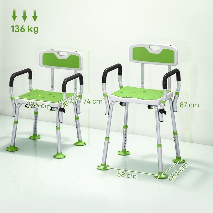 Taburete de ducha - HOMCOM - ergonómico - altura regulable - patas antideslizantes - carga máxima 136 kg - HDPE aluminio - blanco y verde