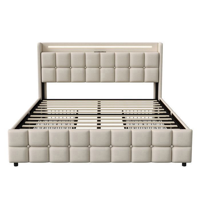 Cama con almacenamiento de 180x200cm - MSUIINT - Lino beige - LED, USB y enchufes, 4 cajones de almacenamiento, estructura de láminas metálicas