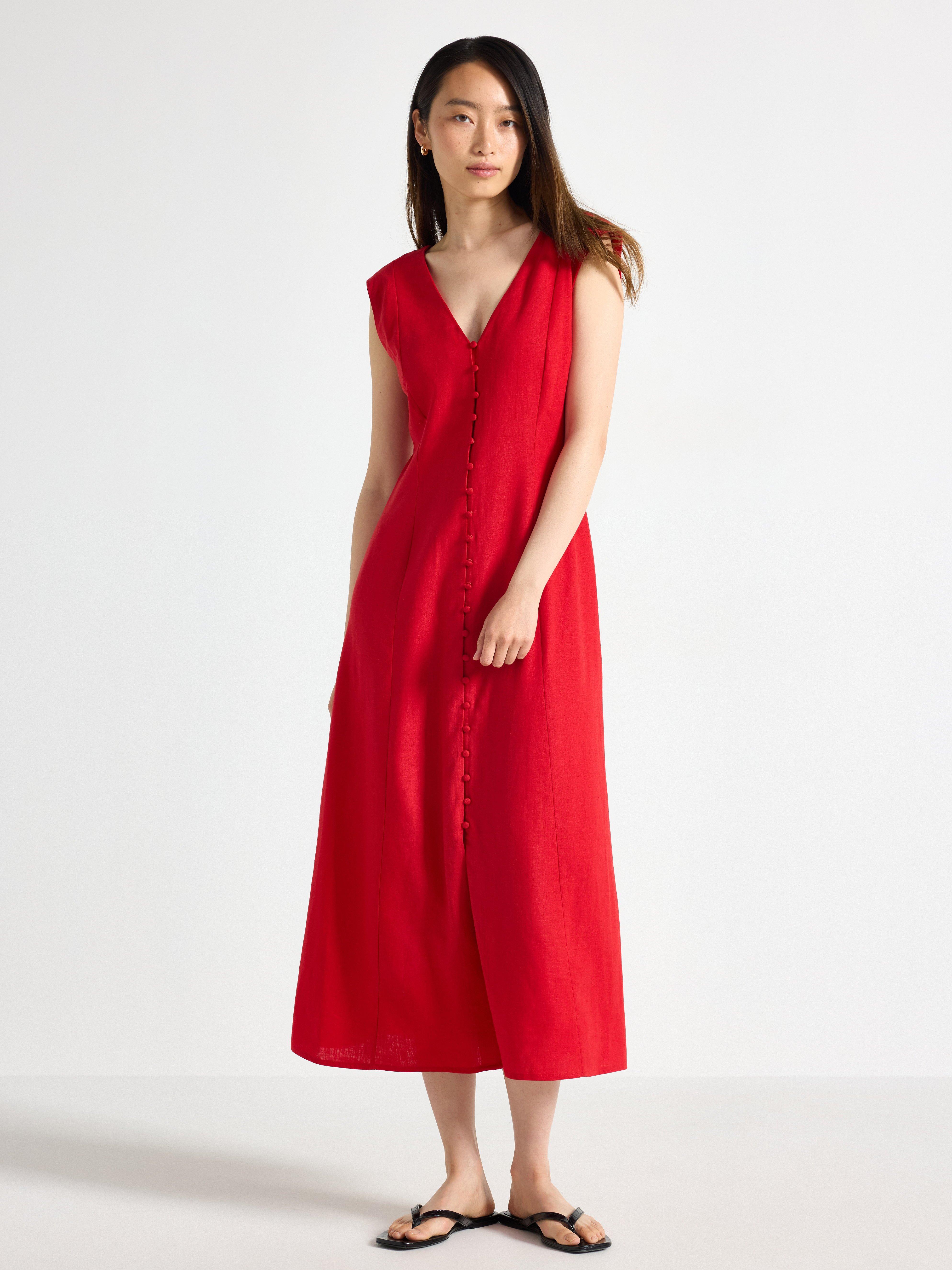 Vestido midi de mezcla de lino rojo oscuro