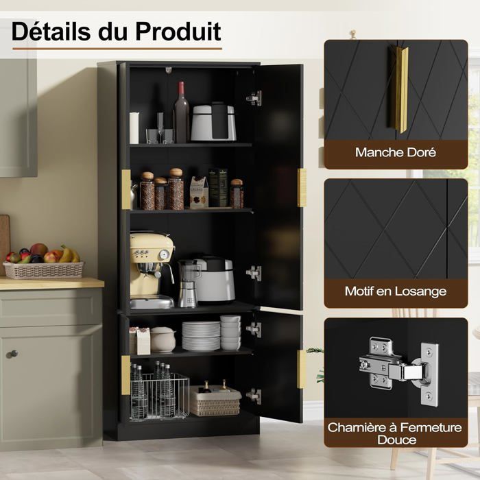 GOOBUY Buffet Haute de Cuisine, Armoire Rangement à 4 Portes, Meuble de Rangement, Motif Ligne, Style Scandinave, 60x30x150cm, Noir