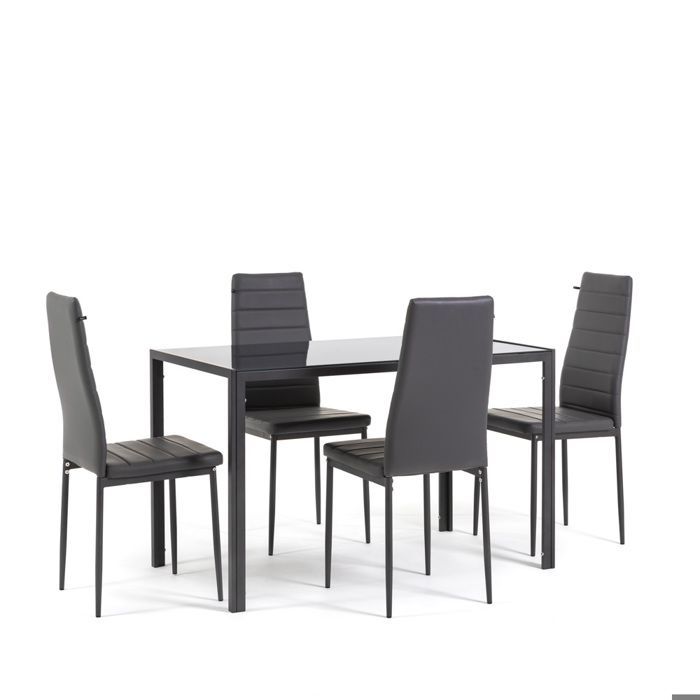 Conjunto de mesa de cristal templado ETTORE y 4 sillas de piel ecológica LIDIA, ideal para el comedor y la cocina (Gris oscuro).