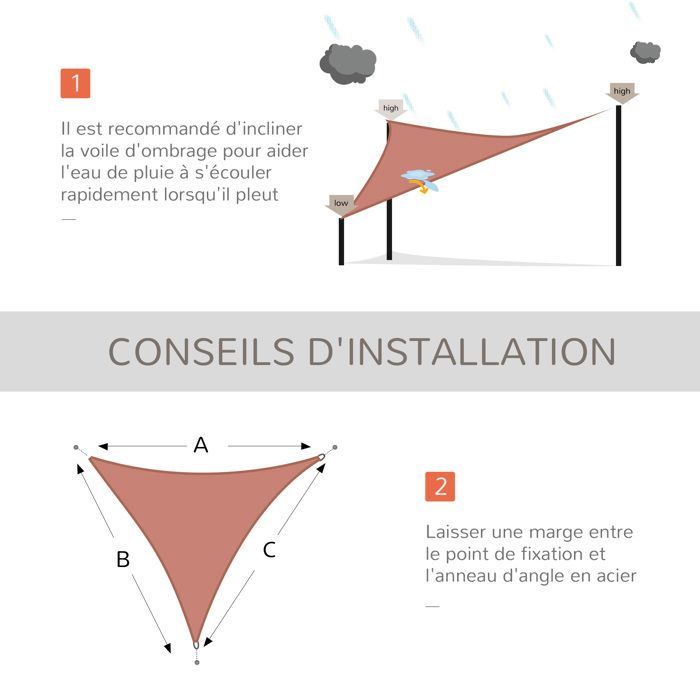 Voile d'ombrage - Outsunny - triangulaire grande taille 4x4x4 m haute densité anti-UV - PE - rouge rouille