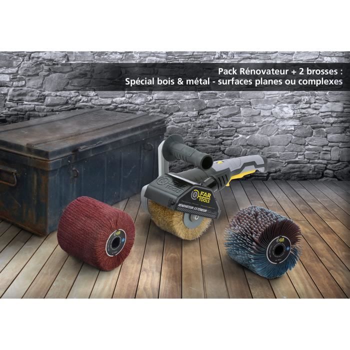 FARTOOLS  – Rénovateur REX120C + brosse lanières abrasives et fibre synthétique – Pour bois et métal - Surfaces planes ou complexes