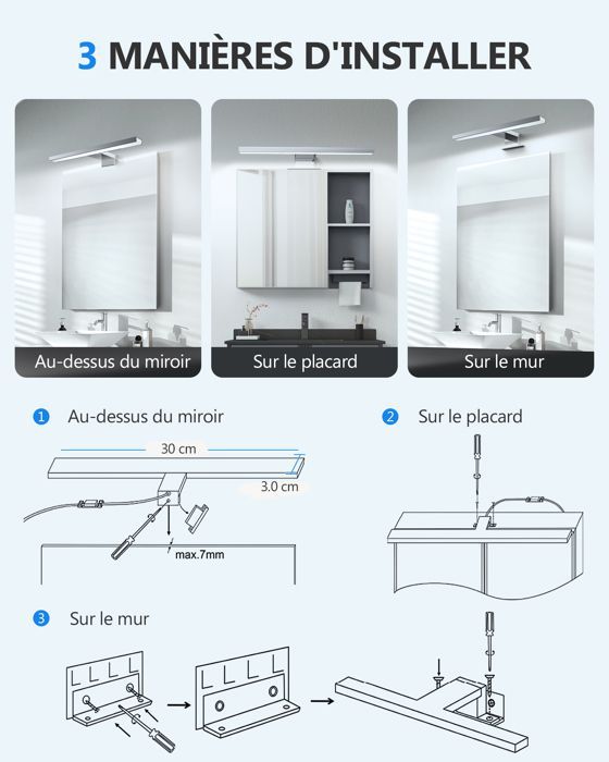 Lampe pour Miroir LED Salle de Bains 5W 450lm 230V 30cm Blanc Neutre 6000K Lampe Miroir Applique Murale Intérieure Moderne IP44